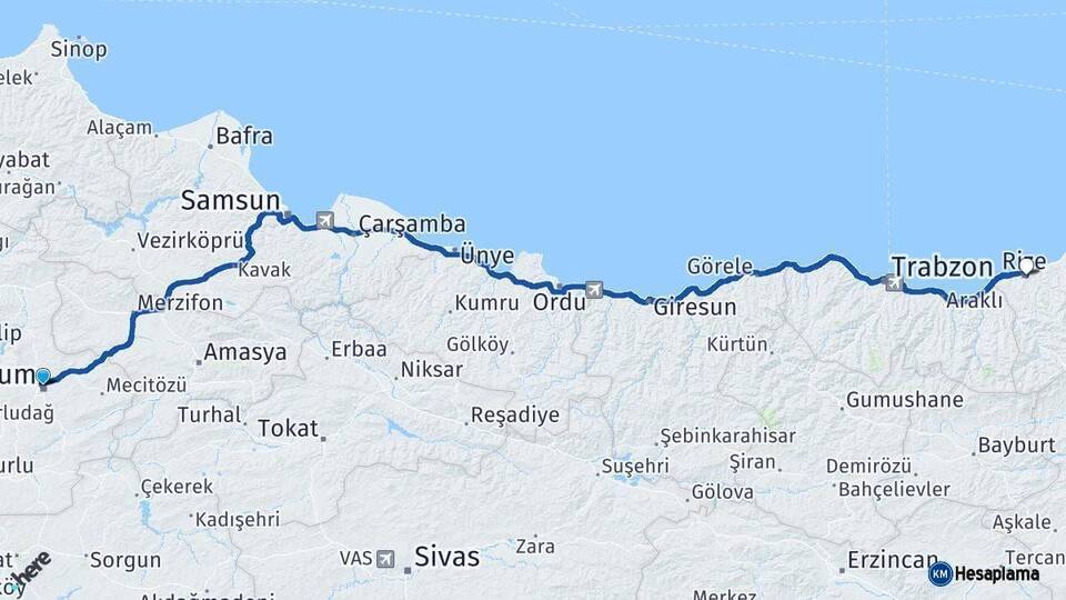 Çorum Rize Arası Kaç Km - Yol Haritası