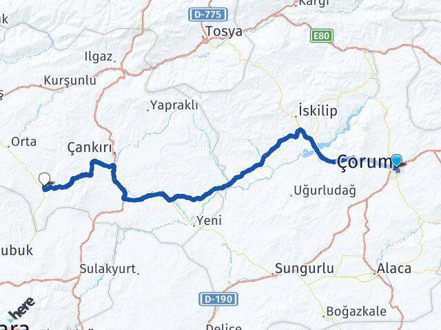 Çorum Şabanözü Çankırı Arası Kaç Km - Yol Haritası