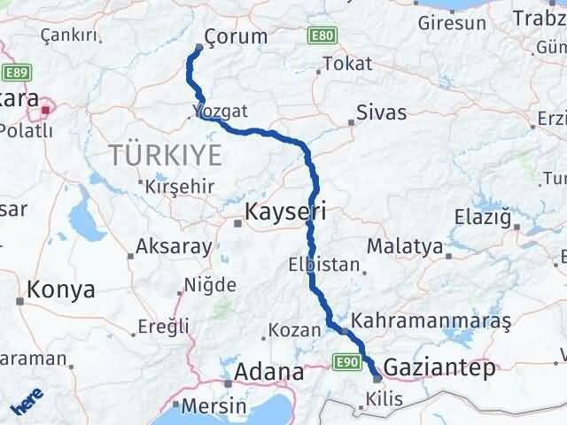 Çorum Şahinbey Gaziantep Arası Kaç Km - Yol Haritası