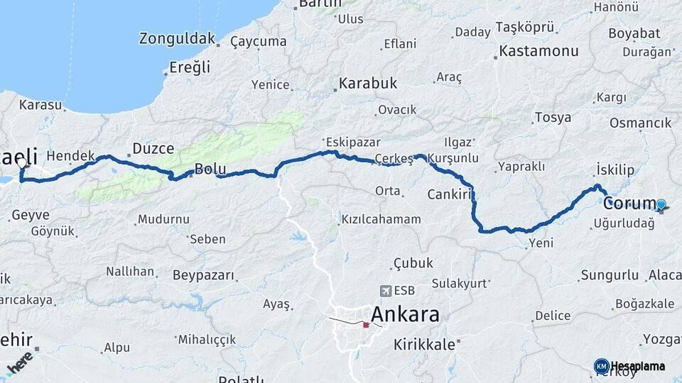 Çorum Sakarya Arası Kaç Km - Yol Haritası