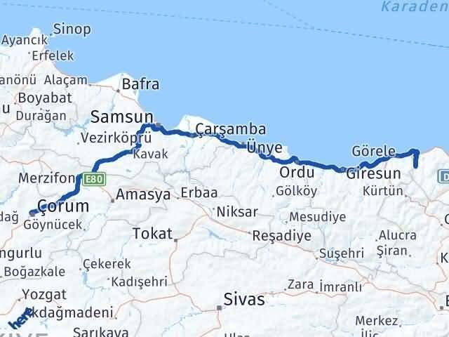 Çorum Şalpazarı Trabzon Arası Kaç Km - Yol Haritası