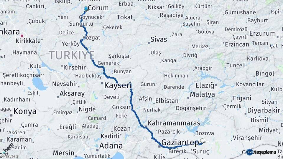Çorum Şanlıurfa Arası Kaç Km - Yol Haritası