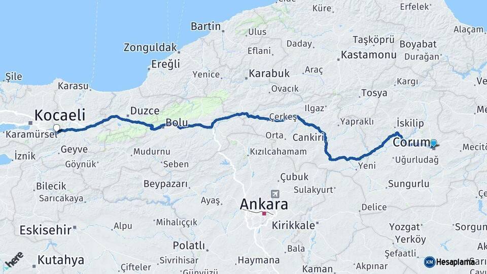 Çorum Sapanca Sakarya Arası Kaç Km - Yol Haritası