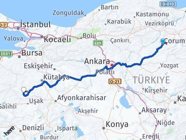 Çorum Şaphane Kütahya Arası Kaç Km - Yol Haritası