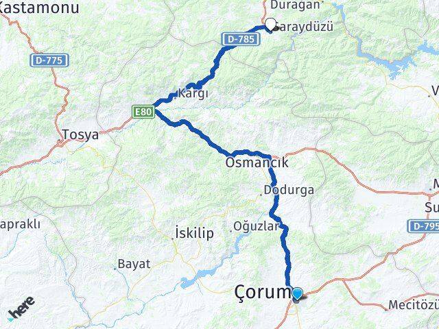 Çorum Saraydüzü Sinop Arası Kaç Km - Yol Haritası