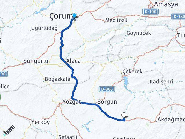Çorum Saraykent Yozgat Arası Kaç Km - Yol Haritası
