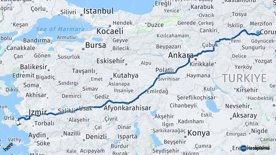 Çorum Seferihisar İzmir Arası Kaç Km - Yol Haritası