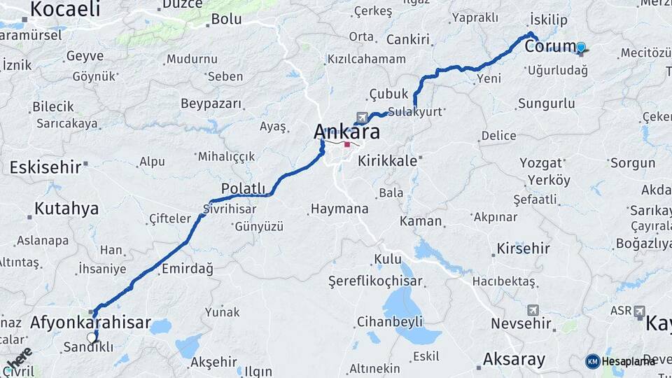 Çorum Seydim Arası Kaç Km - Yol Haritası