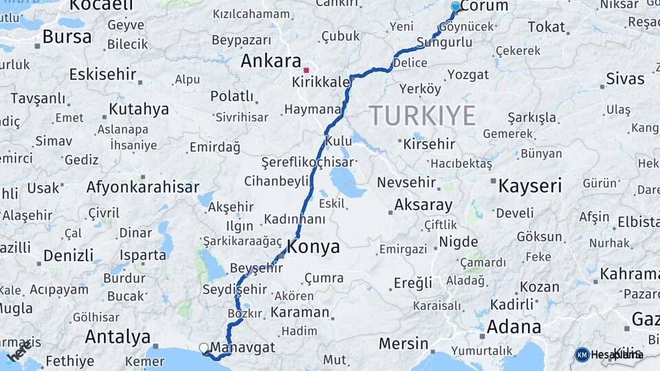 Çorum Side Manavgat Antalya Arası Kaç Km - Yol Haritası