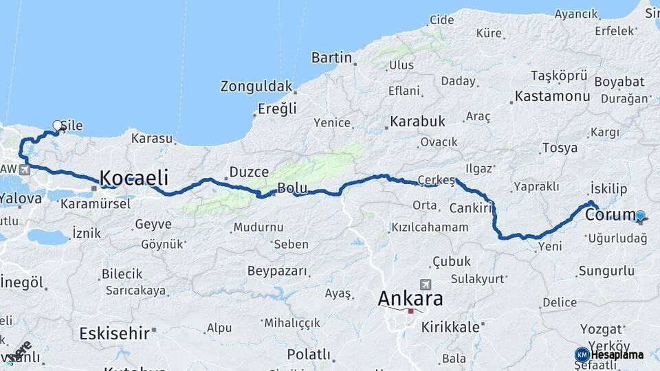 Çorum Şile İstanbul Arası Kaç Km - Yol Haritası