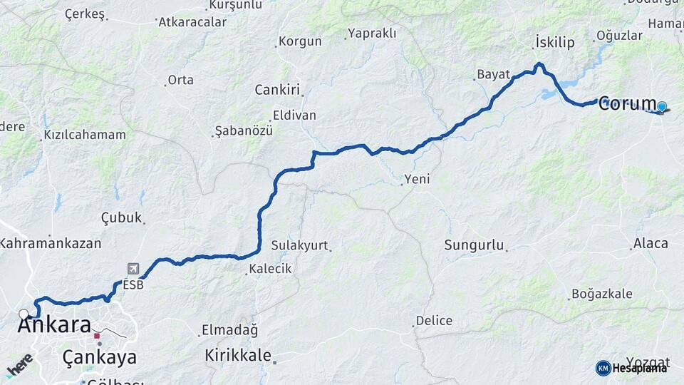 Çorum Sincan Ankara Arası Kaç Km - Yol Haritası