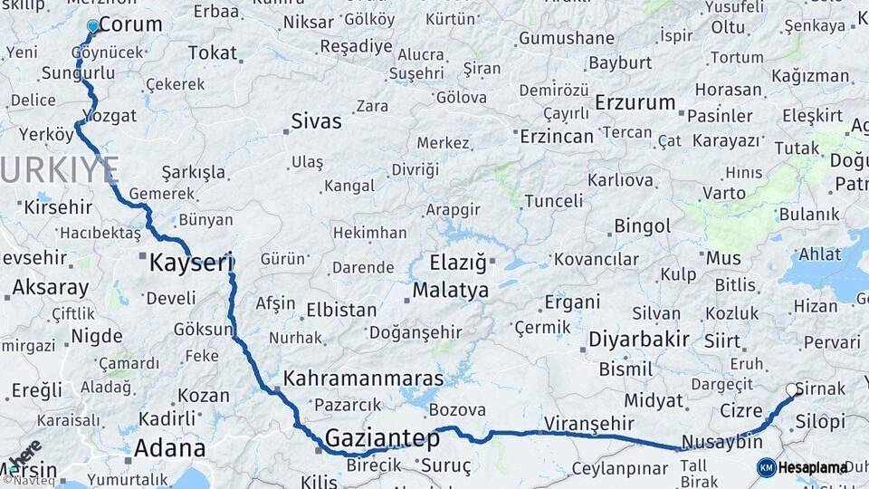 Çorum Şırnak Arası Kaç Km - Yol Haritası
