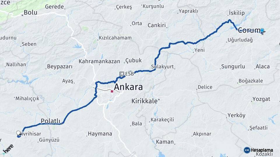 Çorum Sivrihisar Eskişehir Arası Kaç Km - Yol Haritası