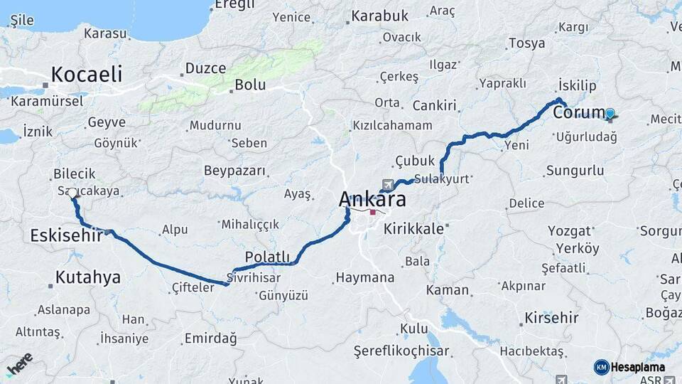 Çorum Söğüt Bilecik Arası Kaç Km - Yol Haritası