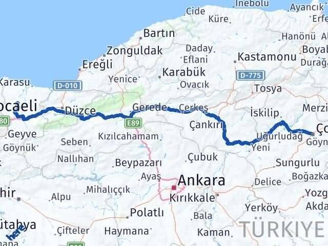 Çorum Söğütlü Sakarya Arası Kaç Km - Yol Haritası