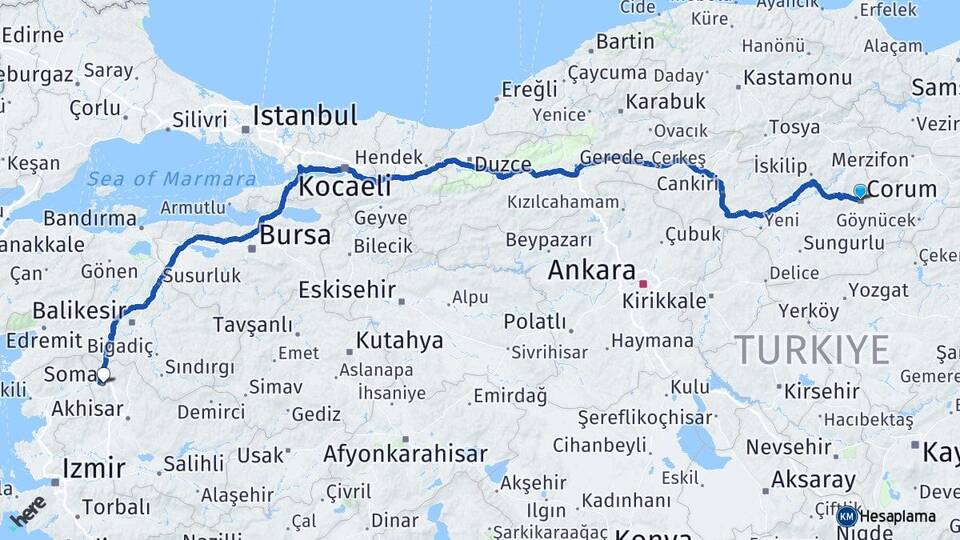 Çorum Soma Manisa Arası Kaç Km - Yol Haritası