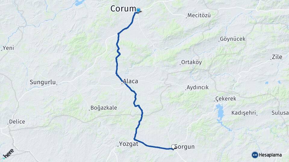 Çorum Sorgun Yozgat Arası Kaç Km - Yol Haritası