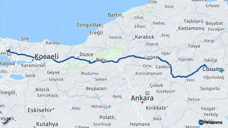 Çorum Sultanbeyli İstanbul Arası Kaç Km - Yol Haritası