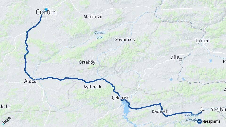 Çorum Sulusaray Tokat Arası Kaç Km - Yol Haritası