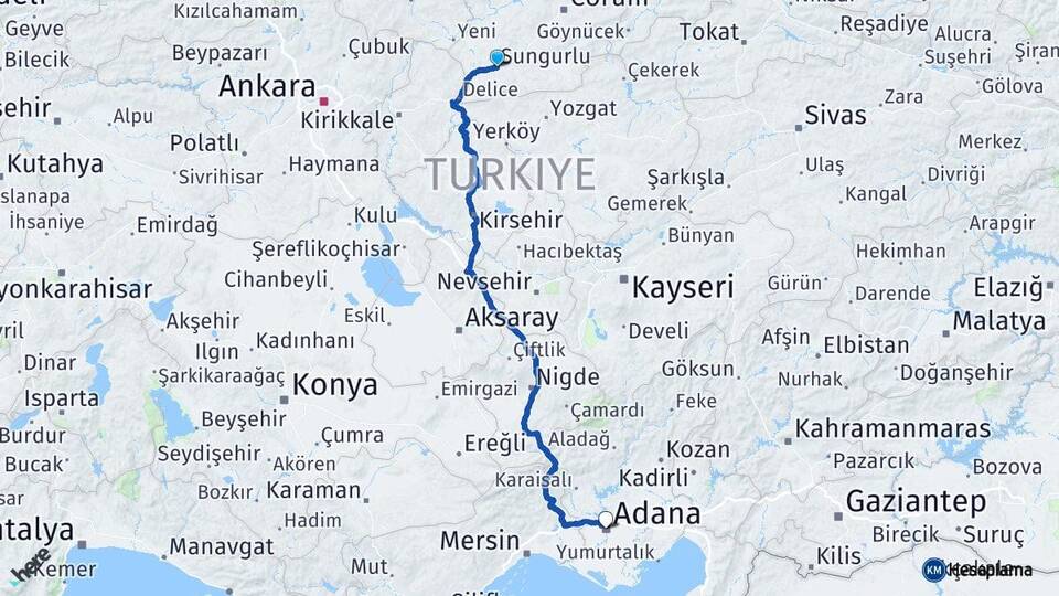 Çorum Sungurlu Adana Arası Kaç Km - Yol Haritası