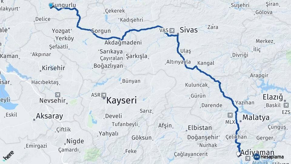 Çorum Sungurlu Adıyaman Arası Kaç Km - Yol Haritası