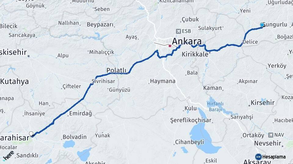 Çorum Sungurlu Afyonkarahisar Arası Kaç Km - Yol Haritası