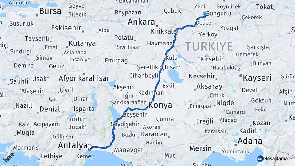 Çorum Sungurlu Antalya Arası Kaç Km - Yol Haritası