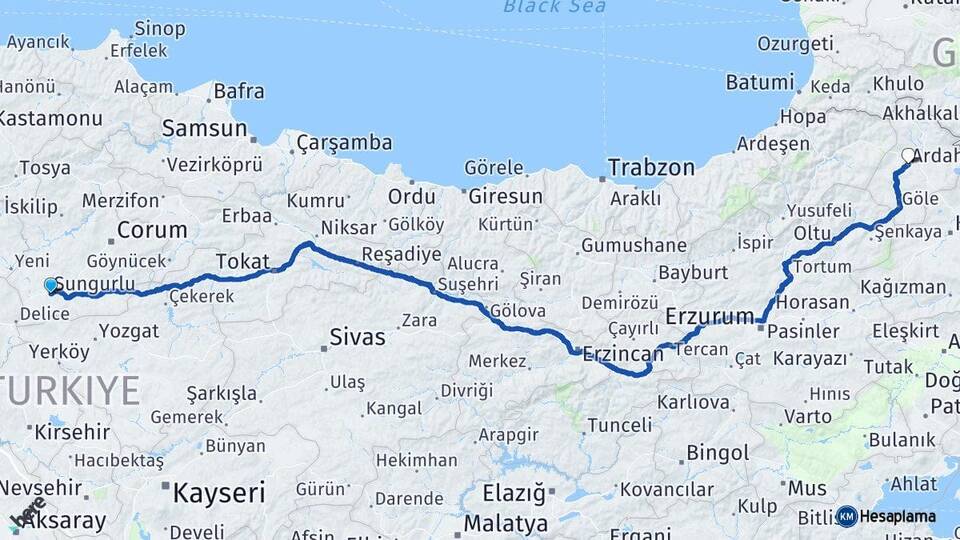 Çorum Sungurlu Ardahan Arası Kaç Km - Yol Haritası