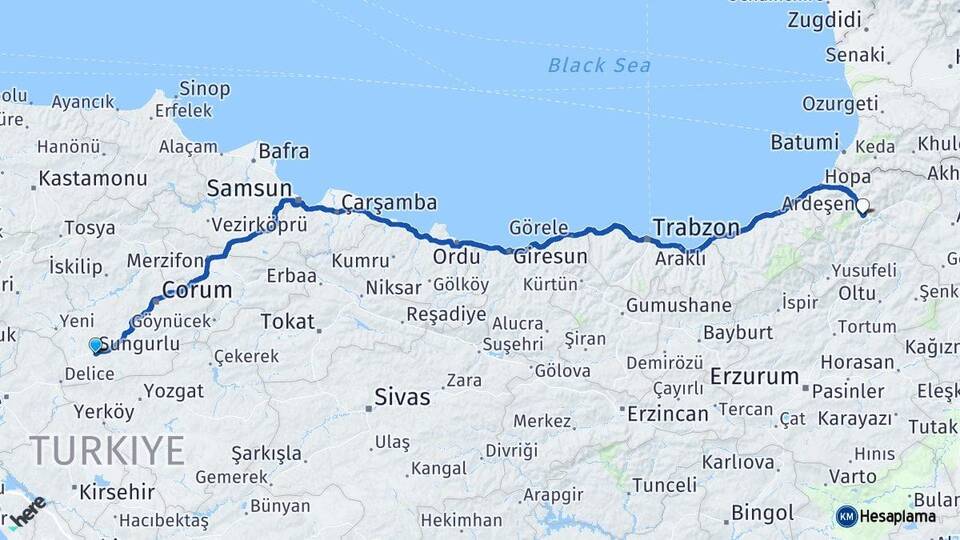 Çorum Sungurlu Artvin Arası Kaç Km - Yol Haritası