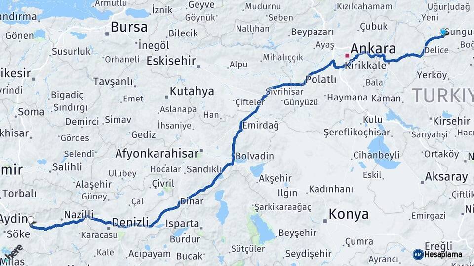 Çorum Sungurlu Aydın Arası Kaç Km - Yol Haritası