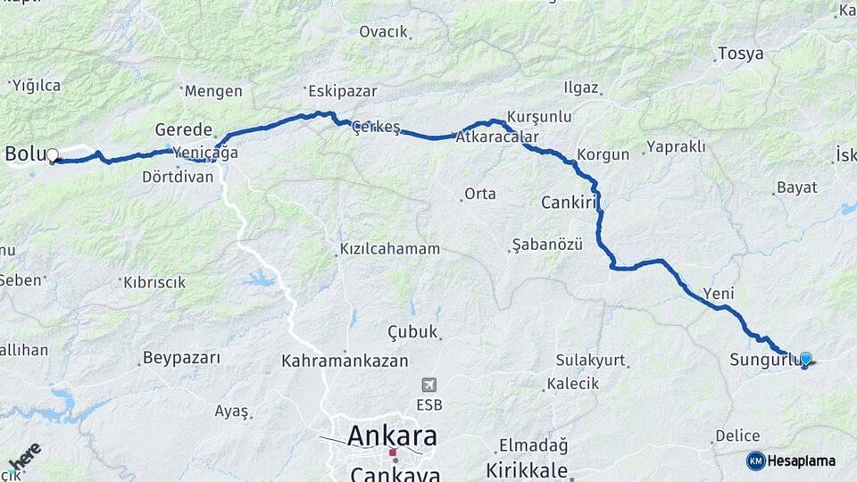 Çorum Sungurlu Bolu Arası Kaç Km - Yol Haritası