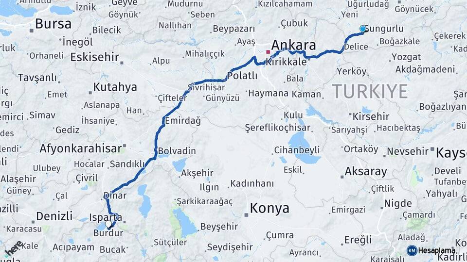Çorum Sungurlu Burdur Arası Kaç Km - Yol Haritası