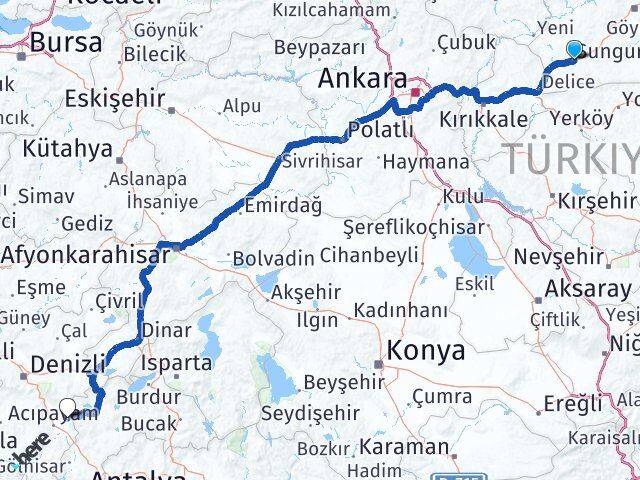 Çorum Sungurlu Corum Acıpayam Denizli Arası Kaç Km - Yol Haritası