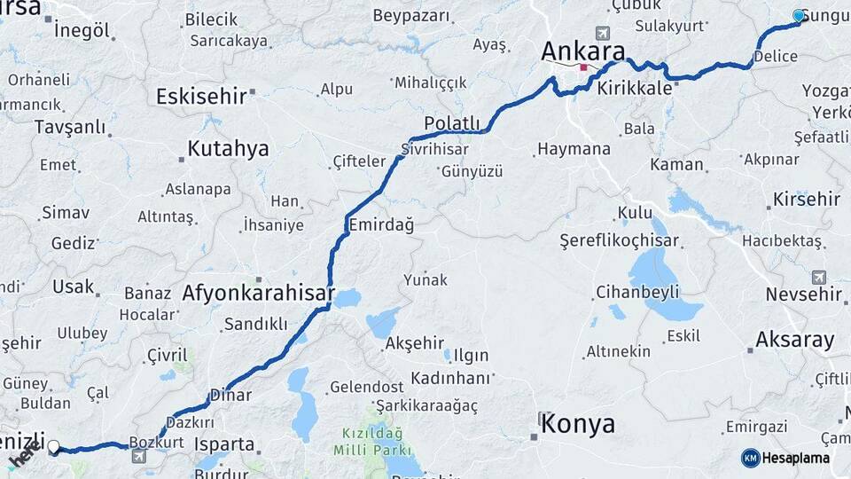 Çorum Sungurlu Denizli Arası Kaç Km - Yol Haritası