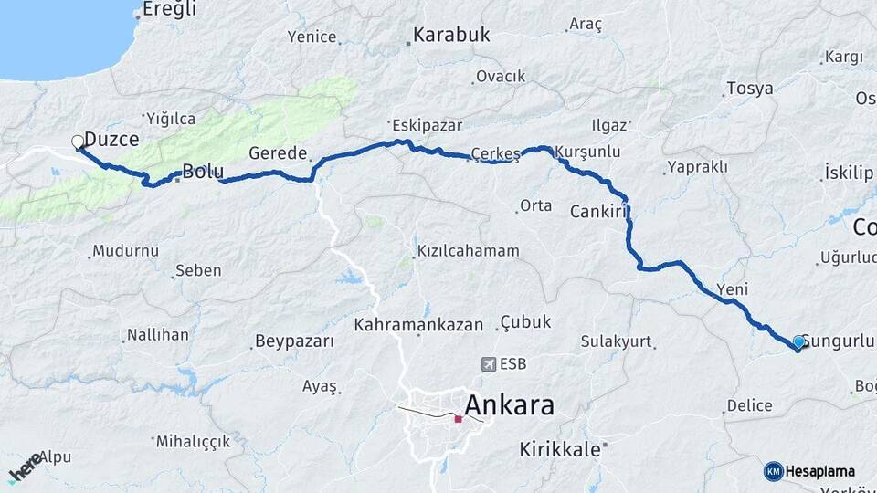 Çorum Sungurlu Düzce Arası Kaç Km - Yol Haritası