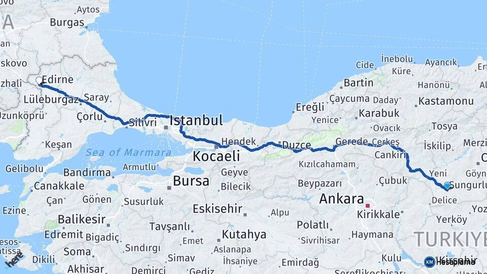 Çorum Sungurlu Edirne Arası Kaç Km - Yol Haritası