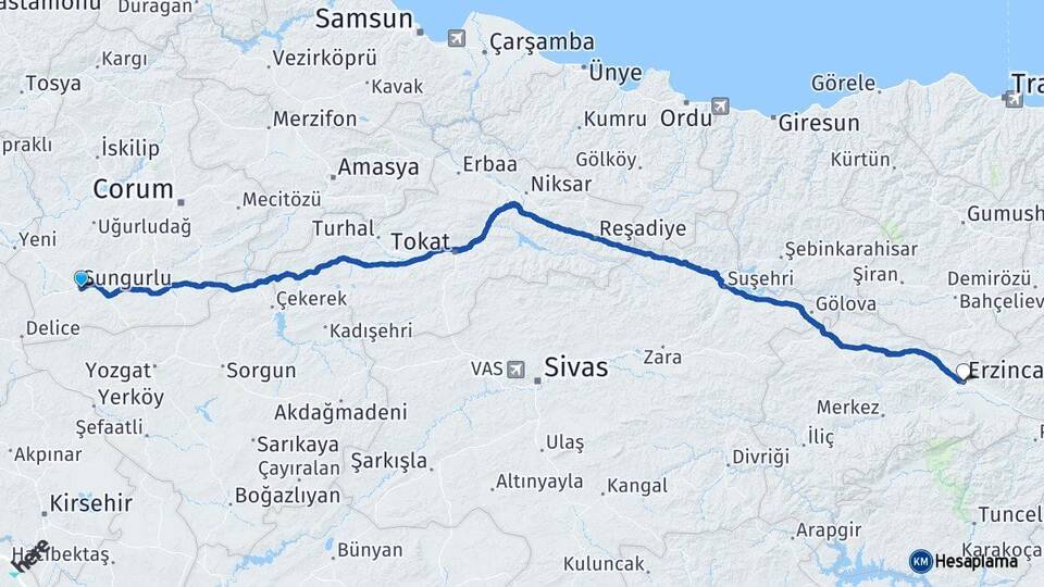 Çorum Sungurlu Erzincan Arası Kaç Km - Yol Haritası