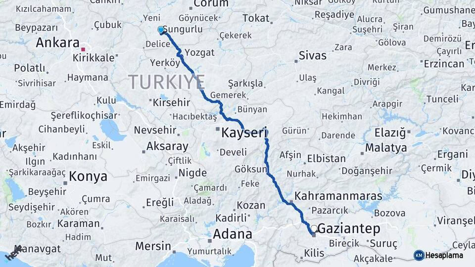 Çorum Sungurlu Gaziantep Arası Kaç Km - Yol Haritası
