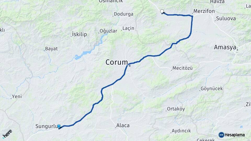 Çorum Sungurlu Gümüşhacıköy Amasya Arası Kaç Km - Yol Haritası