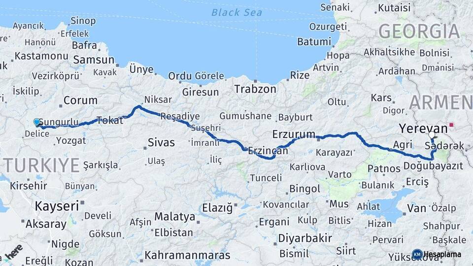 Çorum Sungurlu Iğdır Arası Kaç Km - Yol Haritası