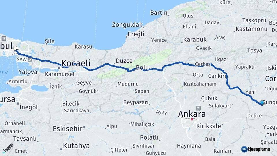 Çorum Sungurlu İstanbul Arası Kaç Km - Yol Haritası