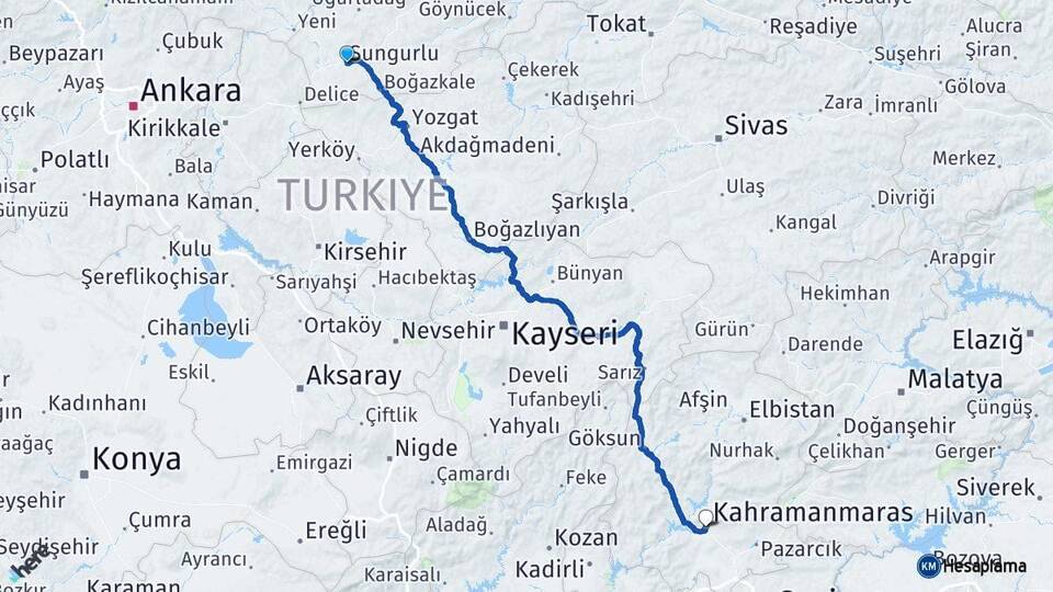 Çorum Sungurlu Kahramanmaraş Arası Kaç Km - Yol Haritası