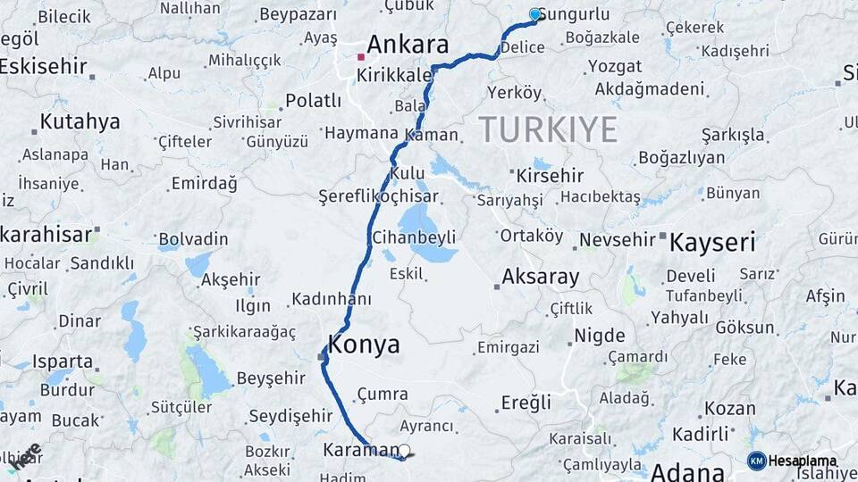 Çorum Sungurlu Karaman Arası Kaç Km - Yol Haritası