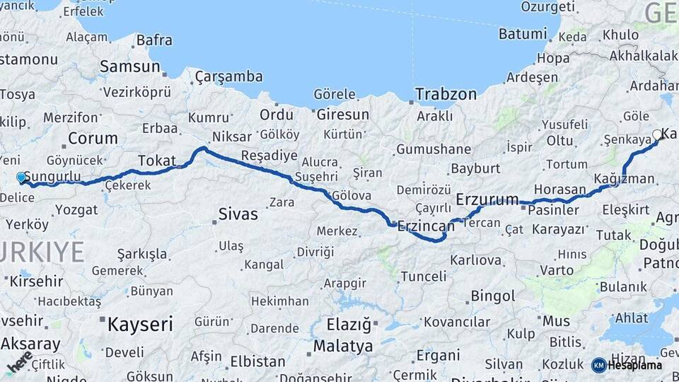 Çorum Sungurlu Kars Arası Kaç Km - Yol Haritası