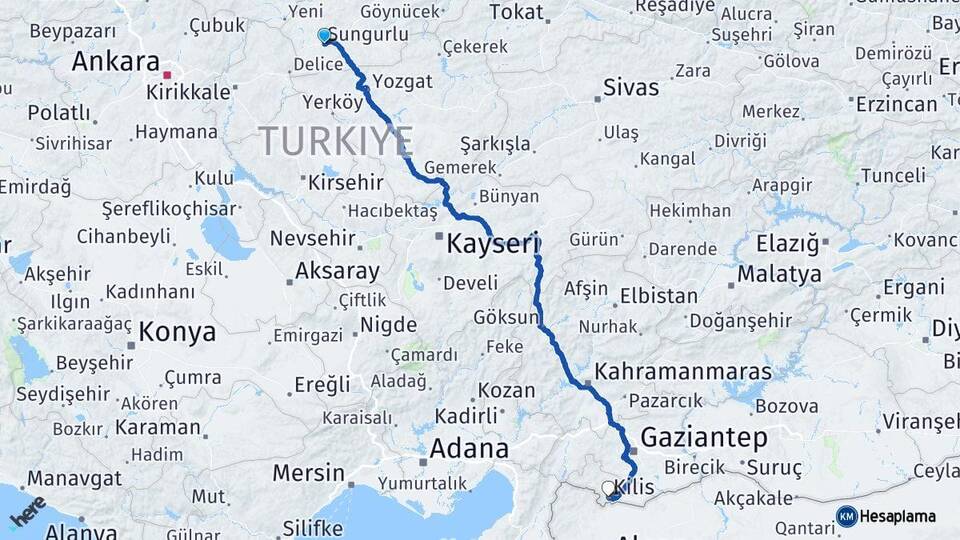 Çorum Sungurlu Kilis Arası Kaç Km - Yol Haritası
