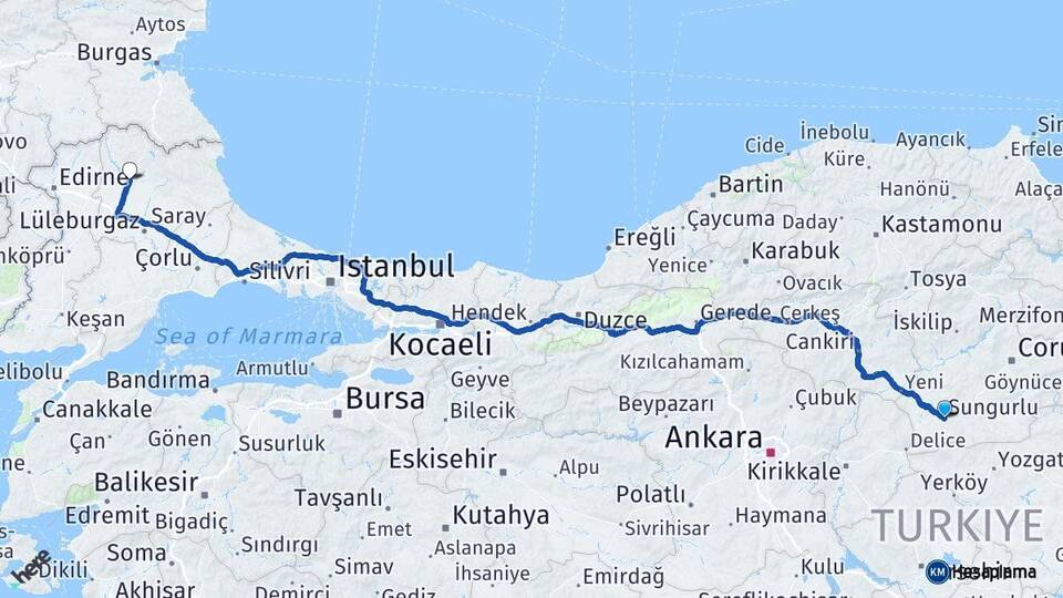Çorum Sungurlu Kırklareli Arası Kaç Km - Yol Haritası