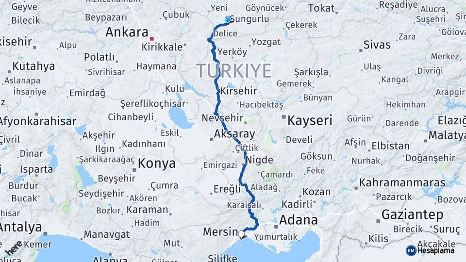 Çorum Sungurlu Mersin Arası Kaç Km - Yol Haritası
