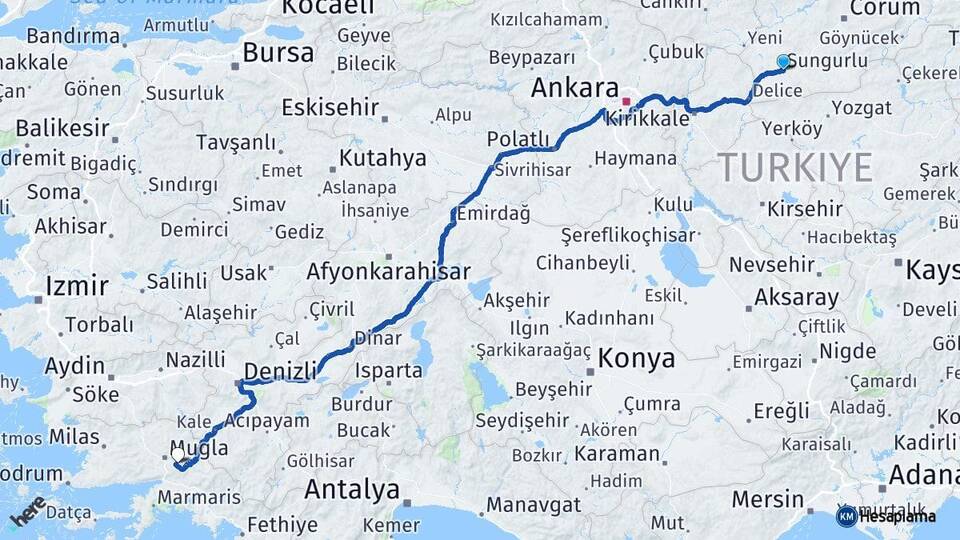 Çorum Sungurlu Muğla Arası Kaç Km - Yol Haritası