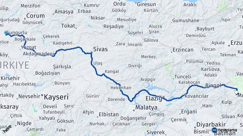 Çorum Sungurlu Muş Arası Kaç Km - Yol Haritası