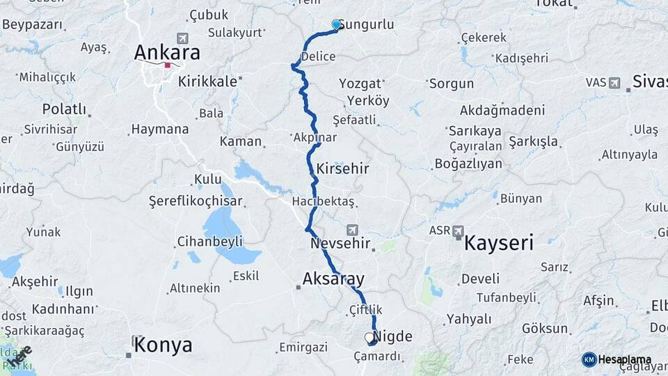 Çorum Sungurlu Niğde Arası Kaç Km - Yol Haritası